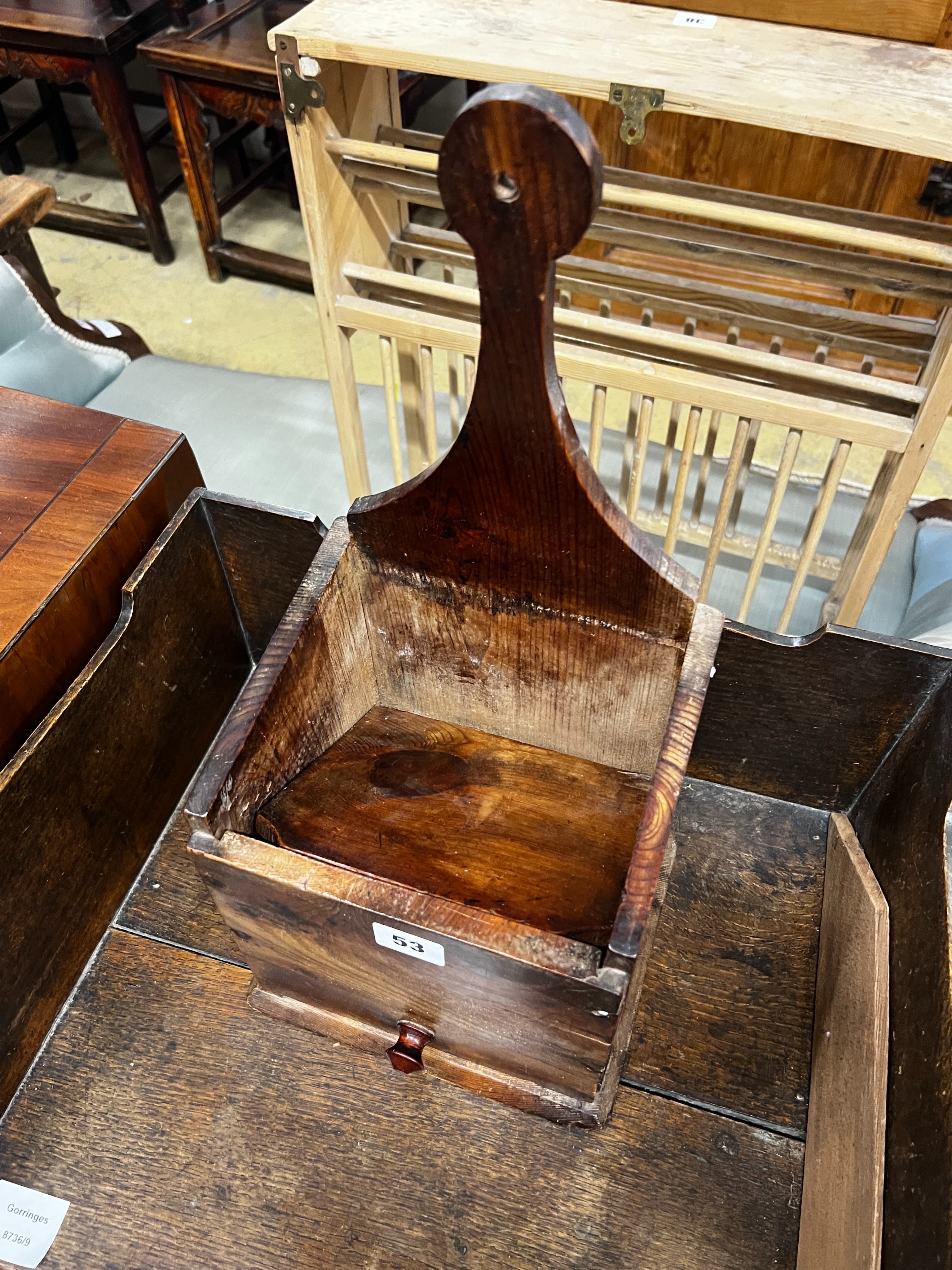 A 19th century yew wood hanging salt box, width 19cm, depth 17cm, height 43cm